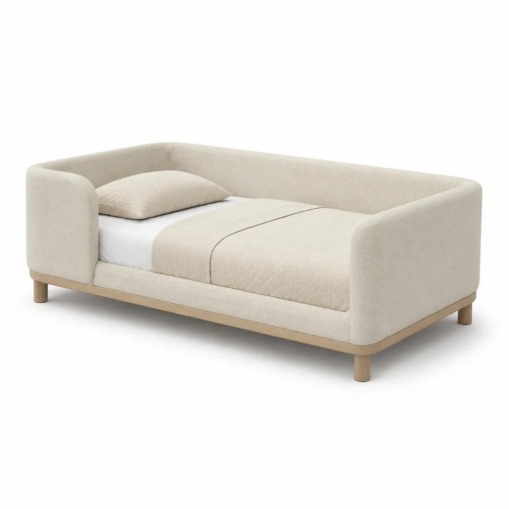 Letto per bambini con sponde 140 x 70 cm in compensato e poliestere beige rettangolare