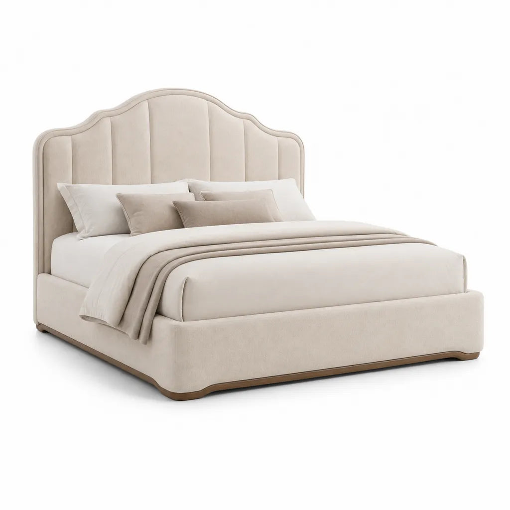 Letto matrimoniale imbottito 160 x 200 cm in poliestere beige con testiera sagomata