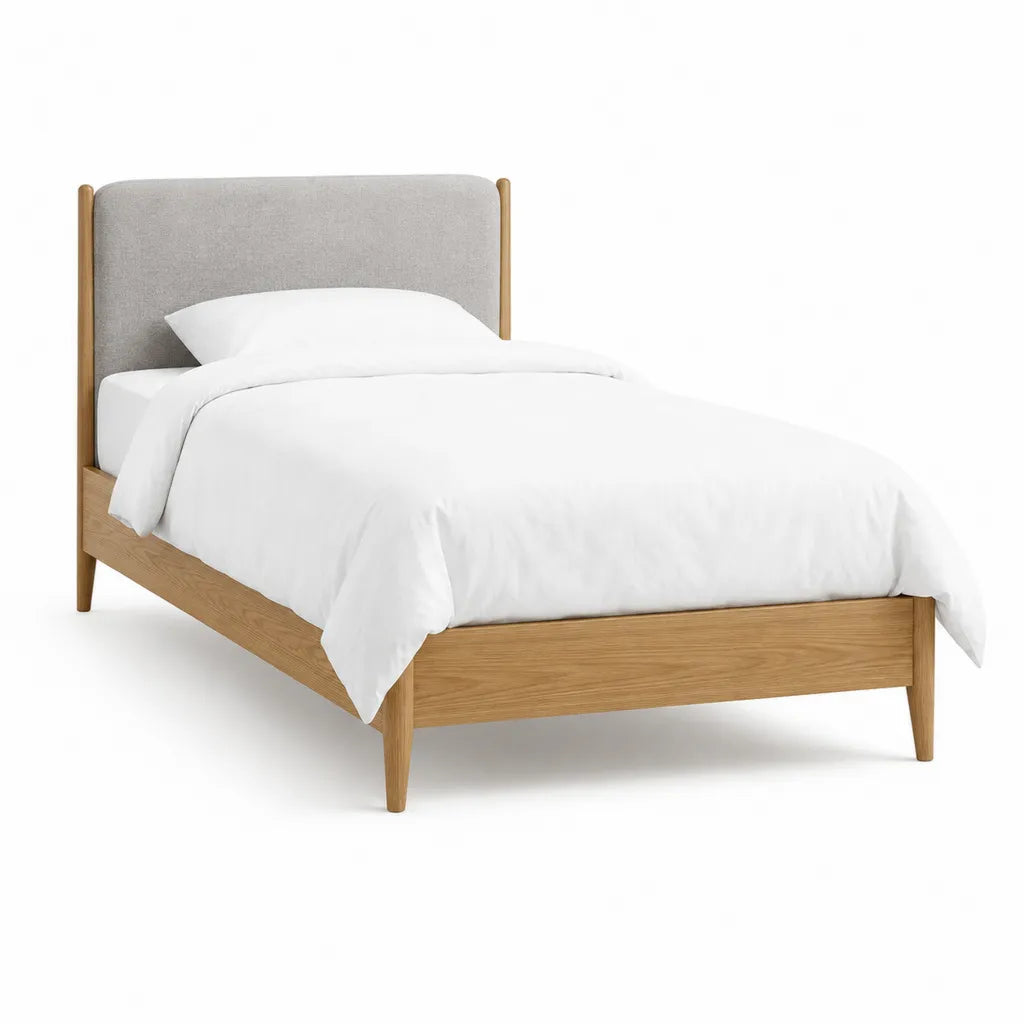 Letto singolo 90 x 200 cm in rovere massello con testiera imbottita grigia