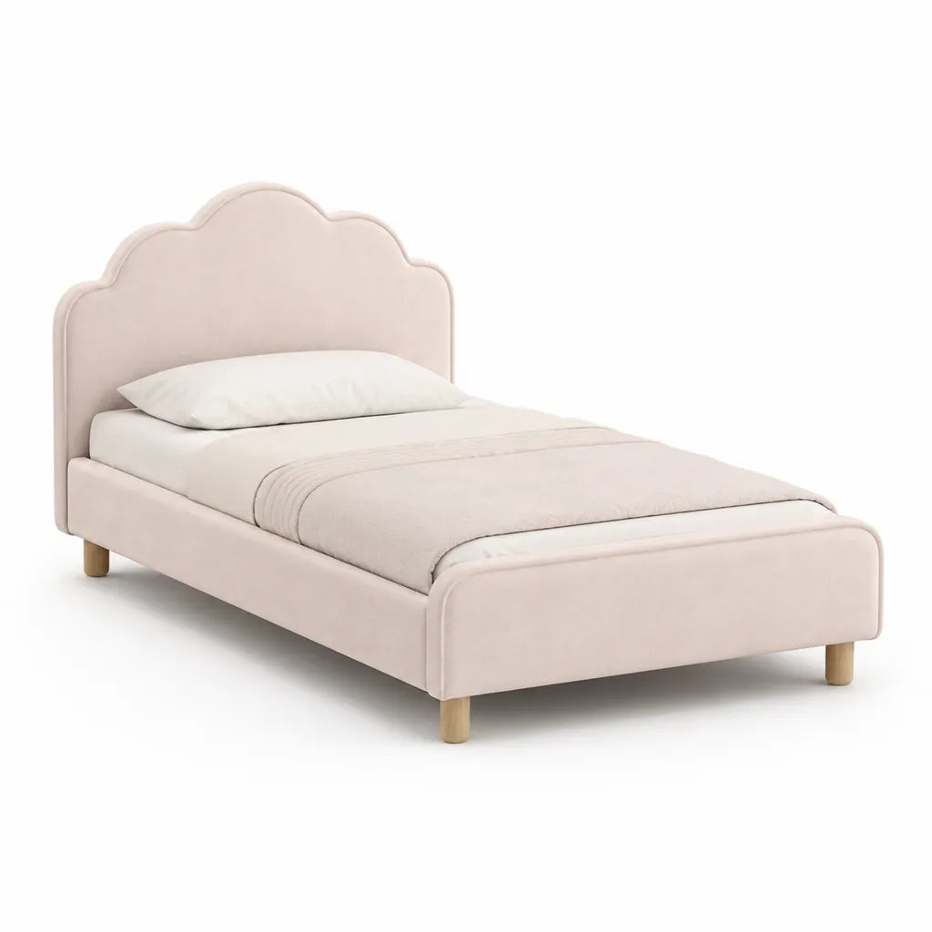Letto singolo imbottito 90 x 200 cm in poliestere rosa cipria con testiera a nuvola