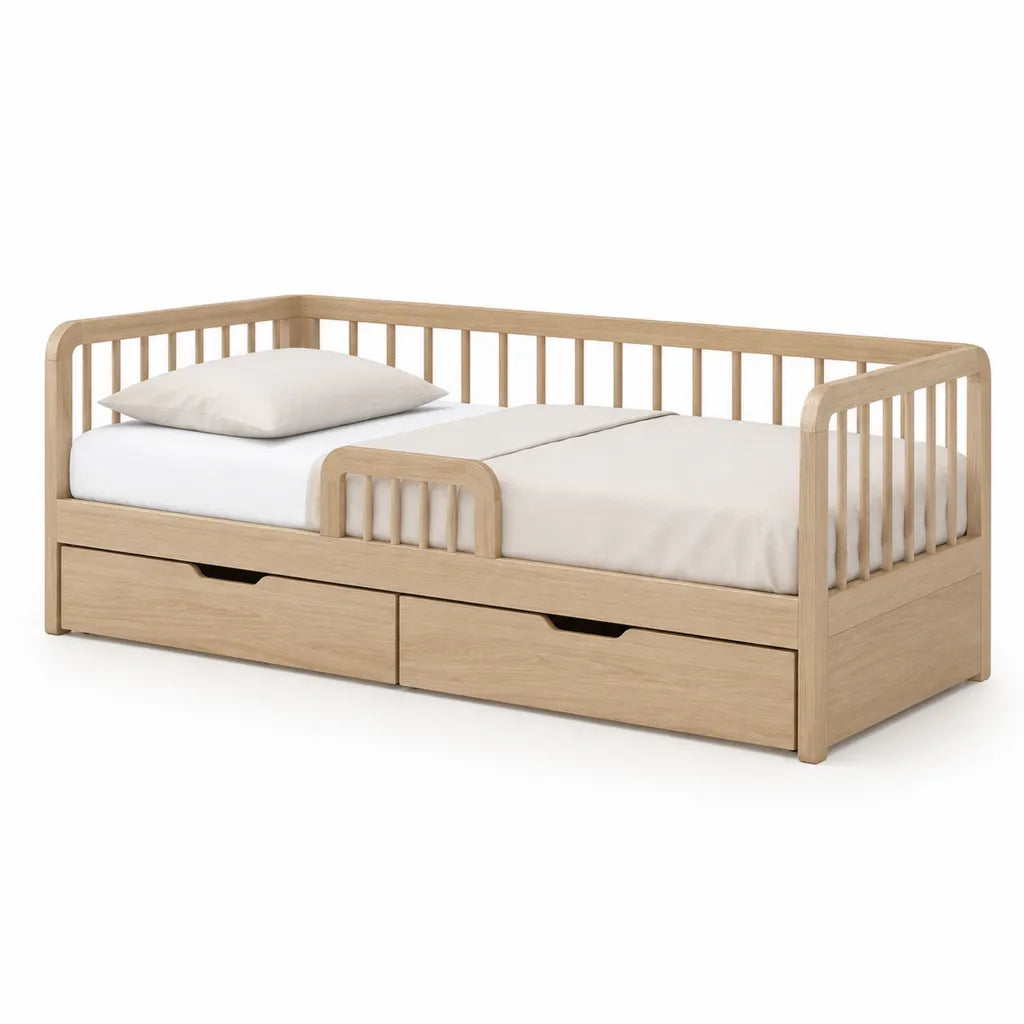 Letto per bambini con sponde e 2 cassetti 140 x 70 cm in legno massello di pino rettangolare naturale