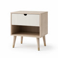 Comodino con cassetto e vano aperto in MDF 45 x 35 x 55 cm rovere chiaro e bianco
