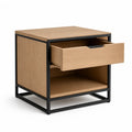 Comodino rettangolare con cassetto e vano aperto 45 x 40 x 55 cm in MDF effetto rovere e acciaio nero