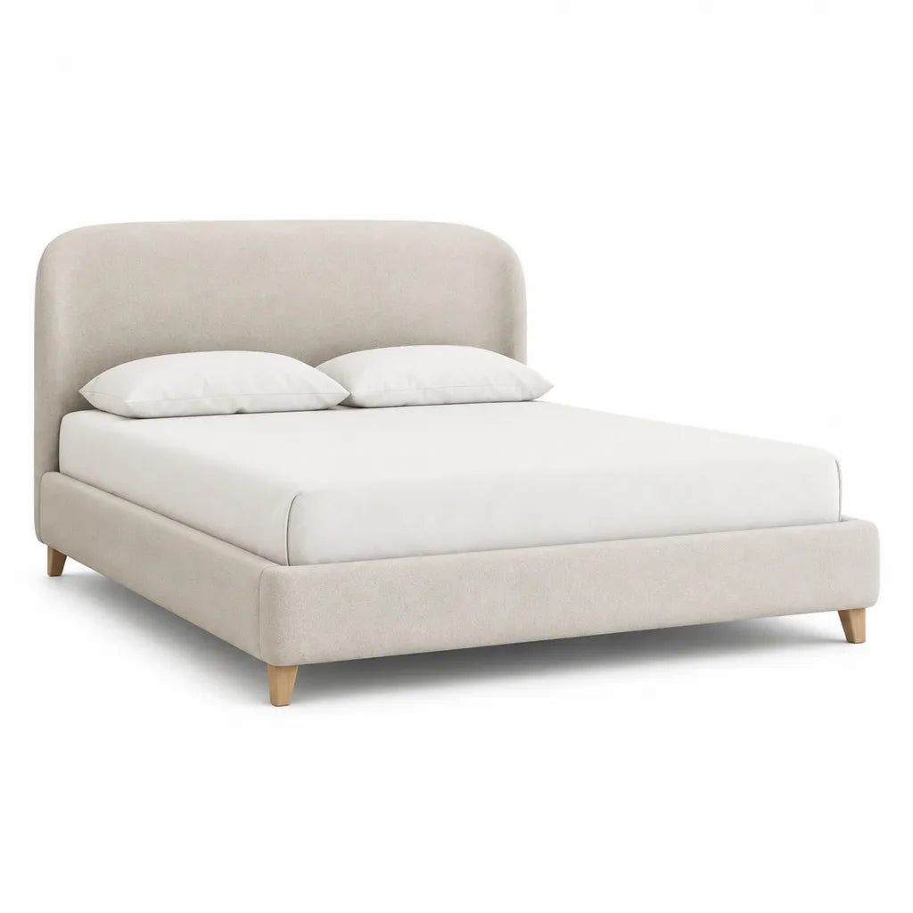 Letto matrimoniale imbottito 160 x 200 cm in poliestere beige con testiera arrotondata