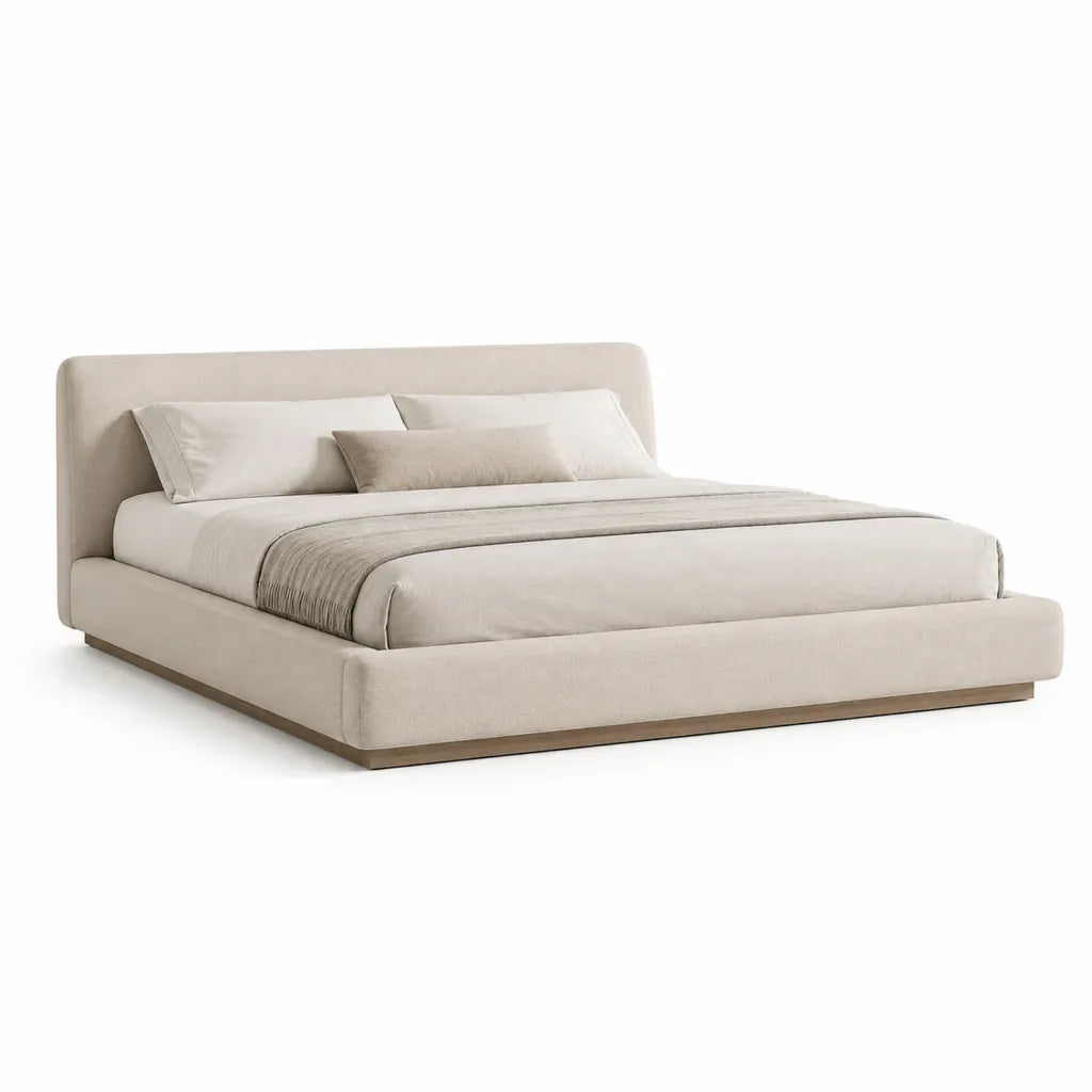 Letto matrimoniale imbottito 180 x 200 cm in poliestere beige con testiera arrotondata