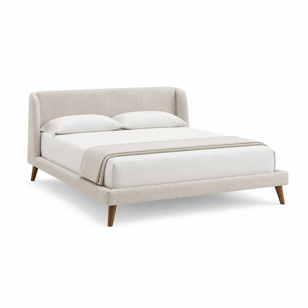 Letto matrimoniale imbottito 160 x 200 cm in poliestere beige con testiera curva e gambe in legno massello