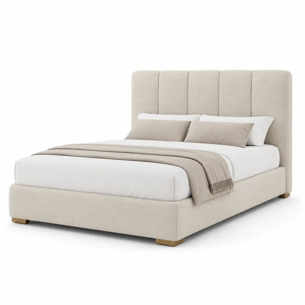 Letto matrimoniale imbottito 160 x 200 cm con testiera alta in poliestere color crema