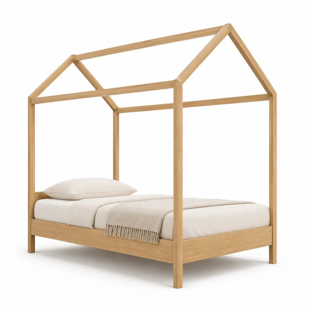 Letto matrimoniale a baldacchino 160 x 200 cm in legno massello di rovere naturale a forma di casetta