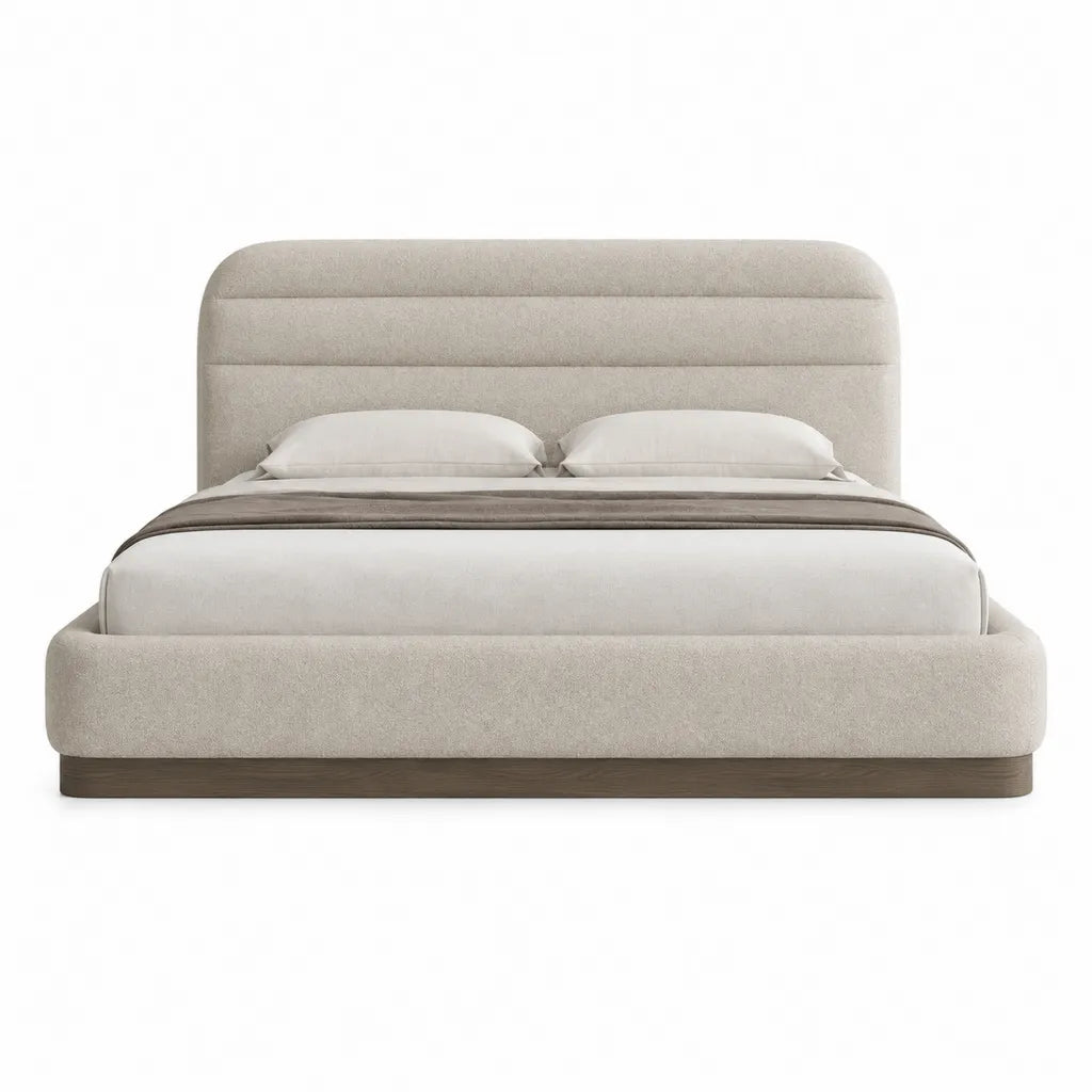 Letto matrimoniale imbottito 180 x 200 cm in poliestere beige con testiera arrotondata