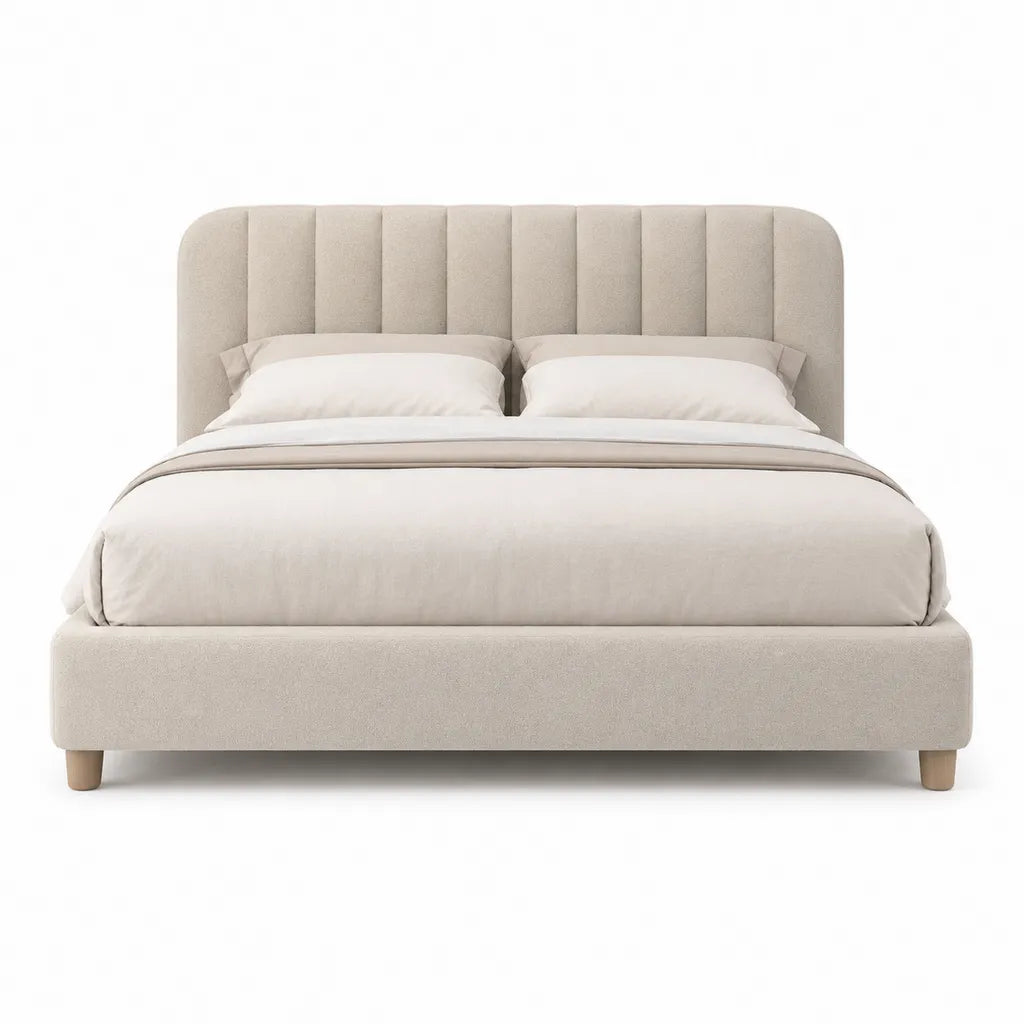 Letto matrimoniale imbottito 160 x 200 cm in poliestere beige con testiera arcuata a pannelli verticali