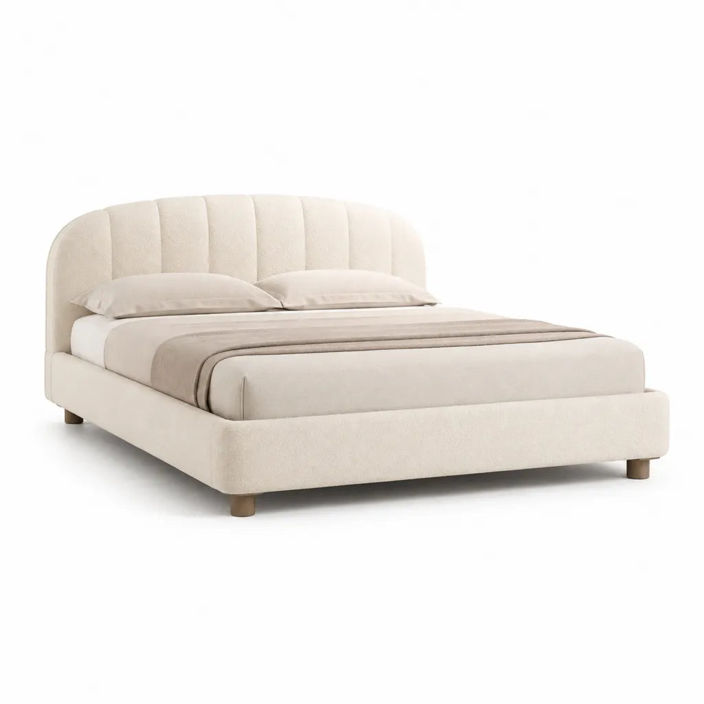Letto matrimoniale imbottito 160 x 200 cm in poliestere beige con testiera curva