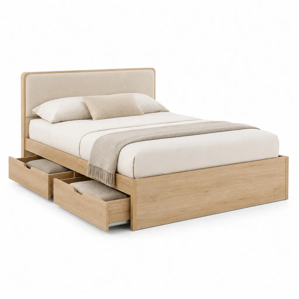 Letto matrimoniale con 2 cassetti in MDF effetto rovere chiaro con testiera imbottita beige 160 x 200 cm
