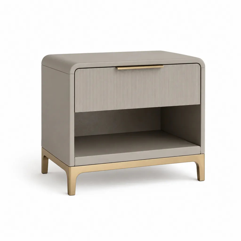 Comodino con cassetto e vano aperto in MDF grigio tortora con struttura rettangolare 50 x 40 x 55 cm