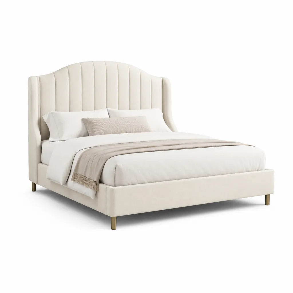 Letto matrimoniale imbottito 160 x 200 cm in poliestere avorio con testiera curva