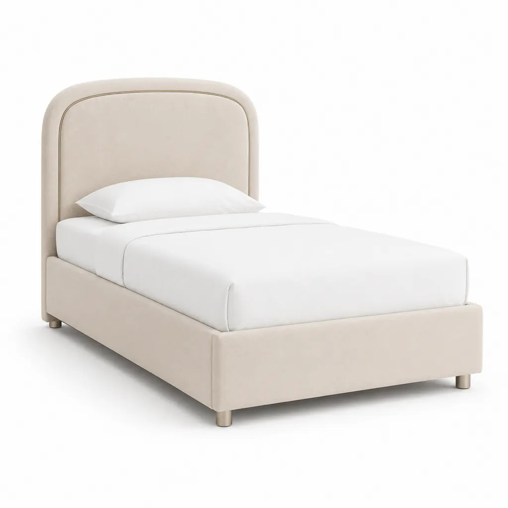 Letto singolo imbottito 90 x 200 cm in velluto di poliestere con testiera arrotondata avorio