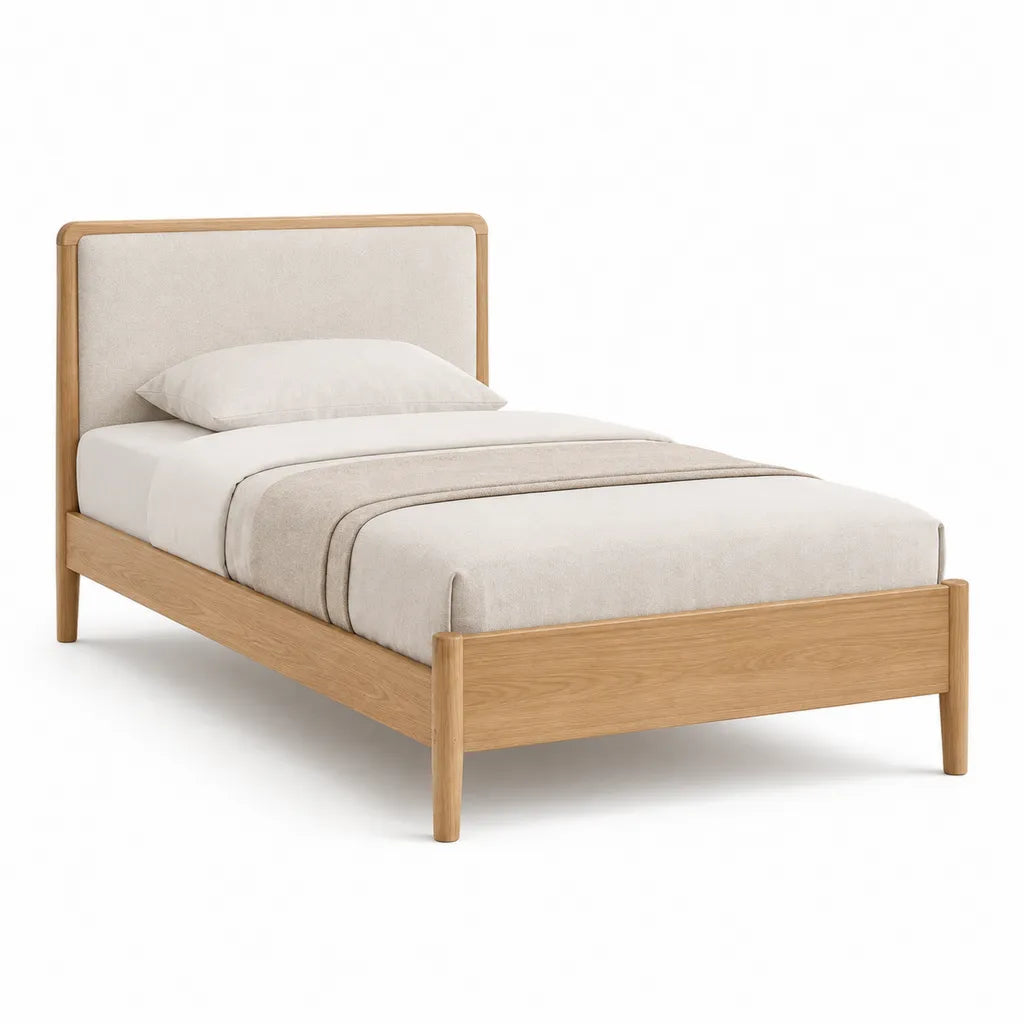 Struttura letto singolo 90 x 190 cm in legno massello di hevea naturale con testiera imbottita beige