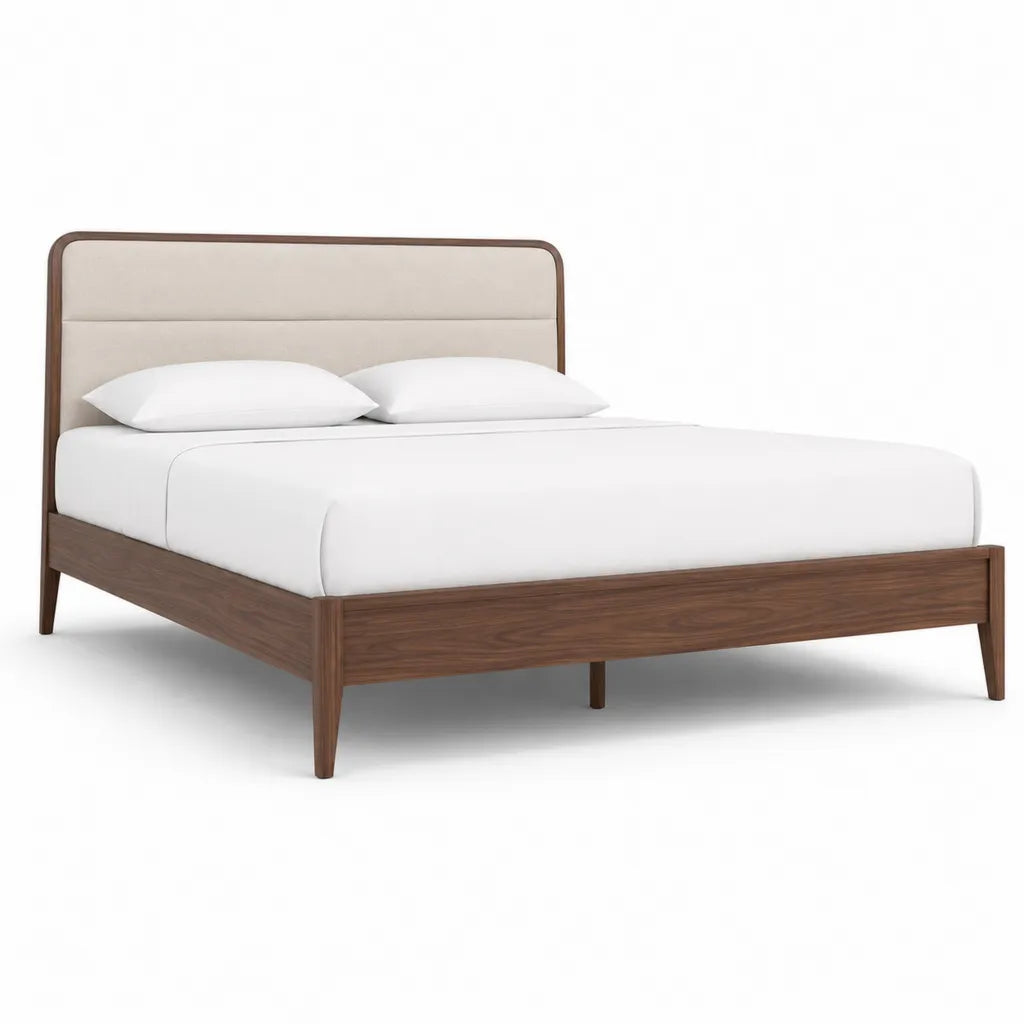 Letto matrimoniale con testiera imbottita 160 x 200 cm in MDF impiallacciato noce rettangolare noce e beige
