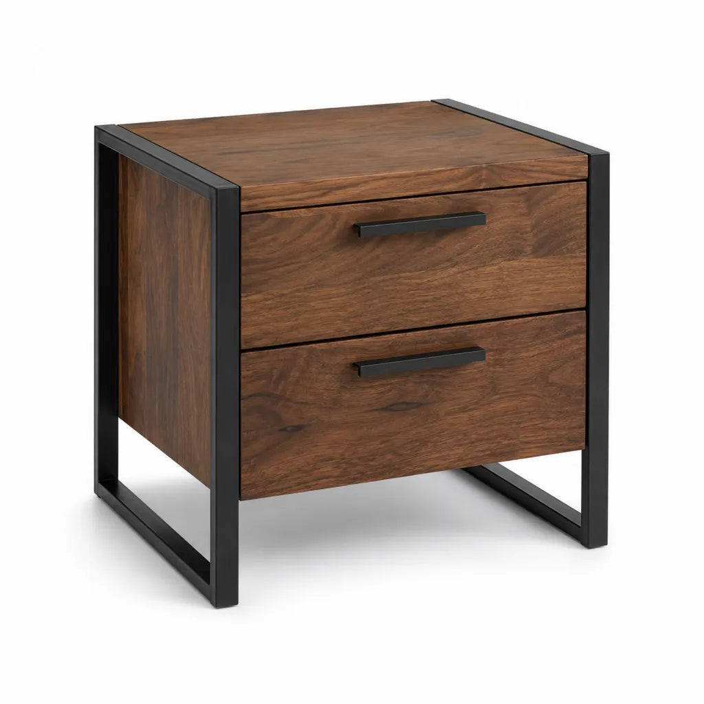 Comodino rettangolare a 2 cassetti in MDF finitura noce con struttura in acciaio nero 50 x 40 x 55 cm
