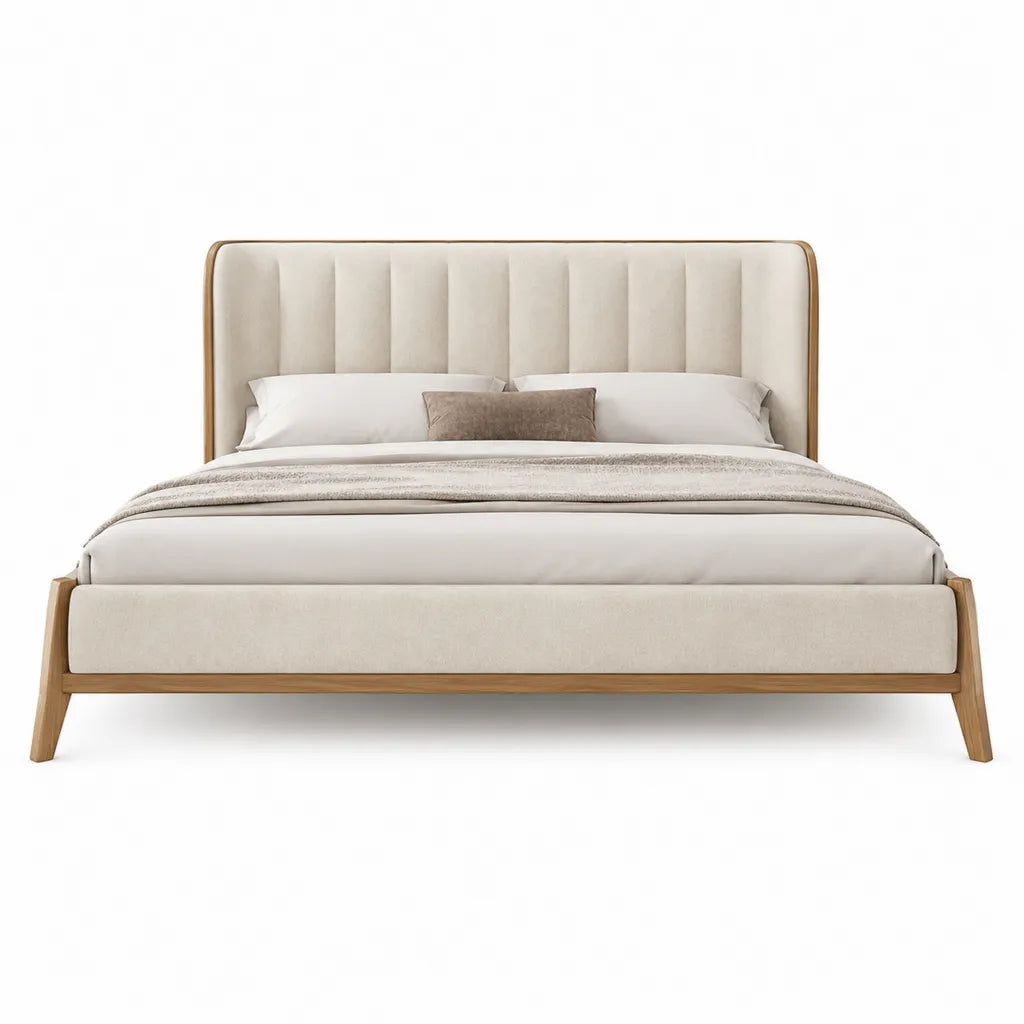 Letto matrimoniale 160 x 200 cm con struttura in legno massello e testiera imbottita beige