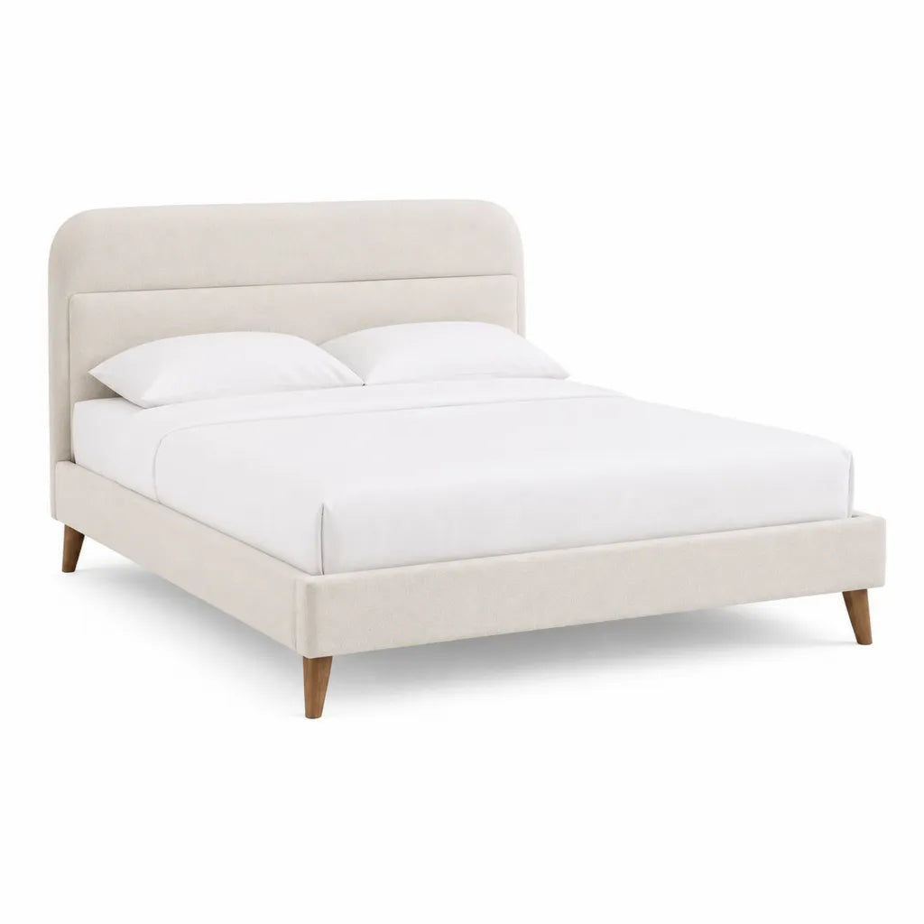 Letto matrimoniale imbottito 160 x 200 cm in poliestere beige con testiera arrotondata e piedi in legno massello