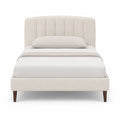 Letto matrimoniale imbottito 160 x 200 cm in poliestere beige con testiera arrotondata e gambe color noce