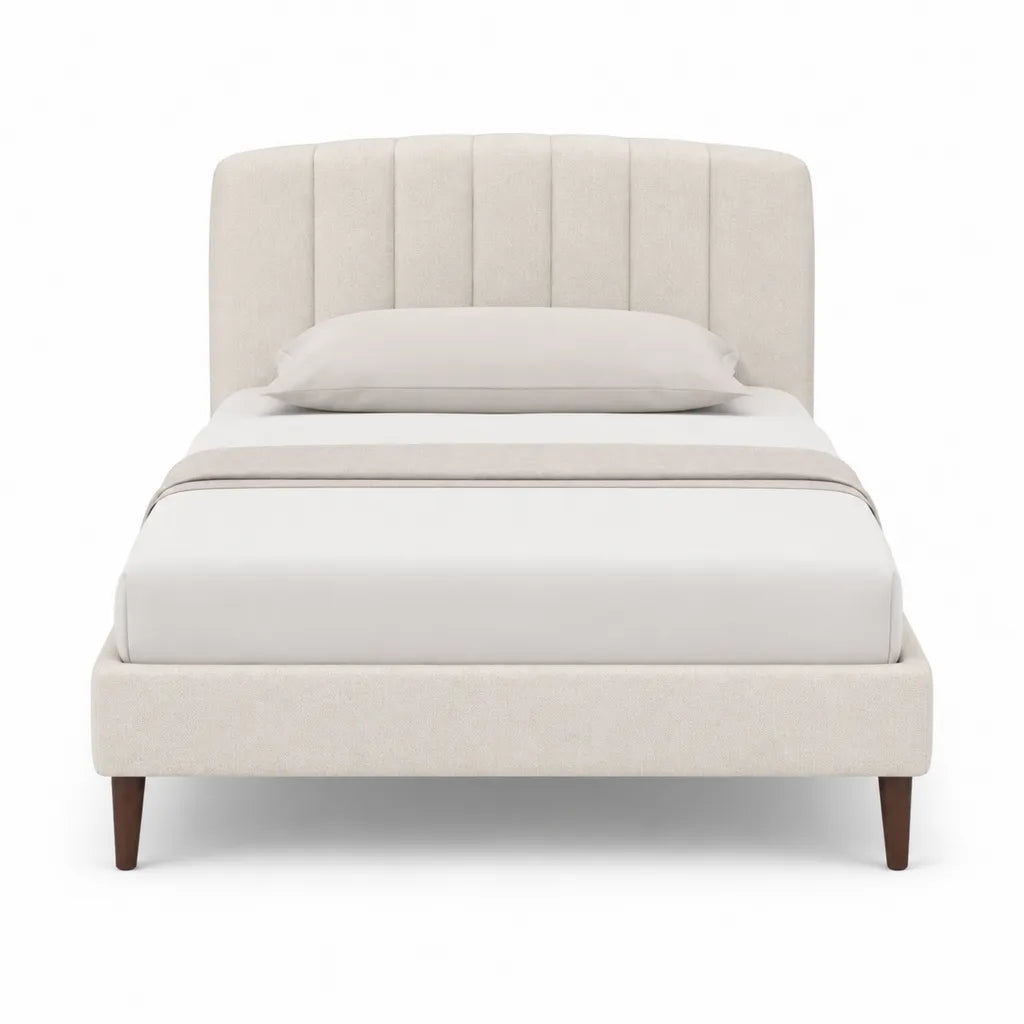 Letto matrimoniale imbottito 160 x 200 cm in poliestere beige con testiera arrotondata e gambe color noce