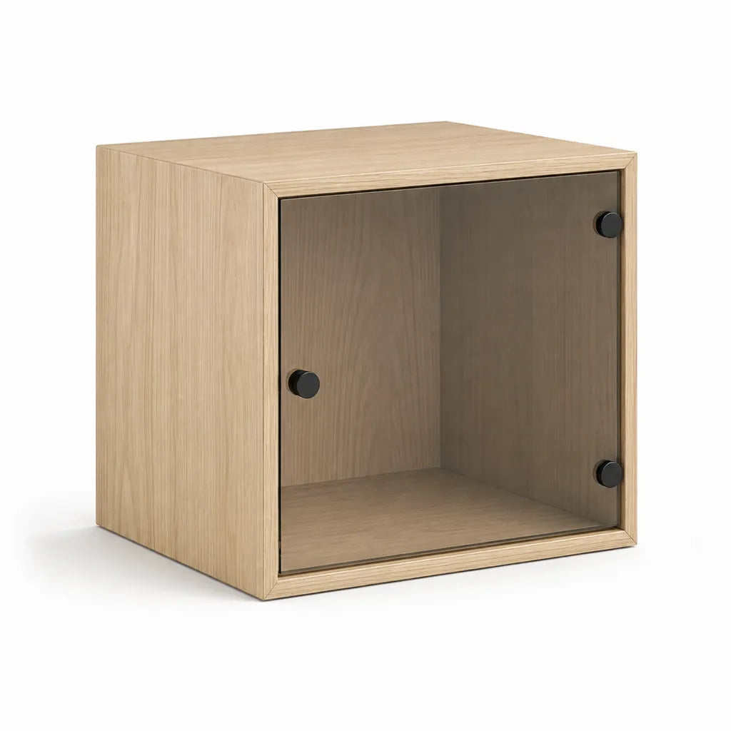 Comodino cubico con anta trasparente 40 x 35 x 40 cm in MDF effetto rovere e PMMA fume