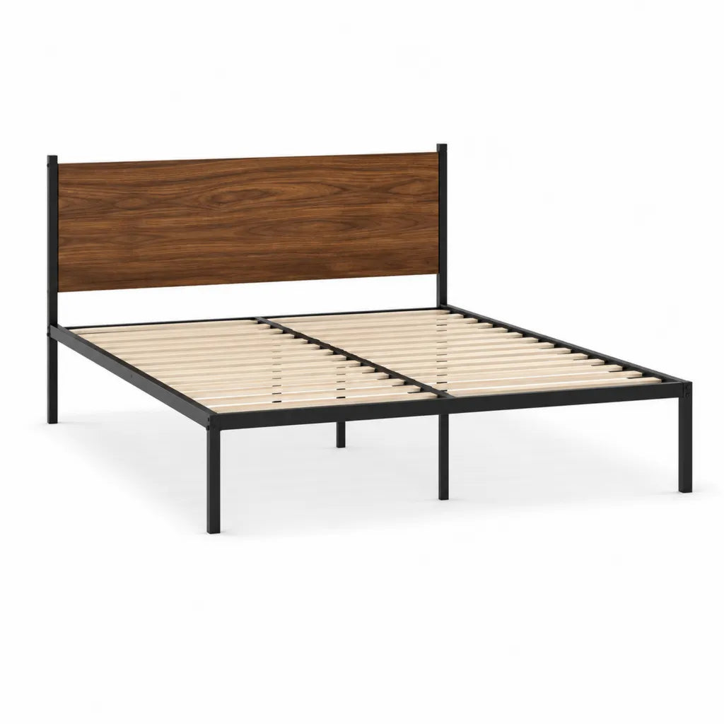 Struttura letto matrimoniale 160 x 200 cm in acciaio nero con testiera effetto noce e rete a doghe