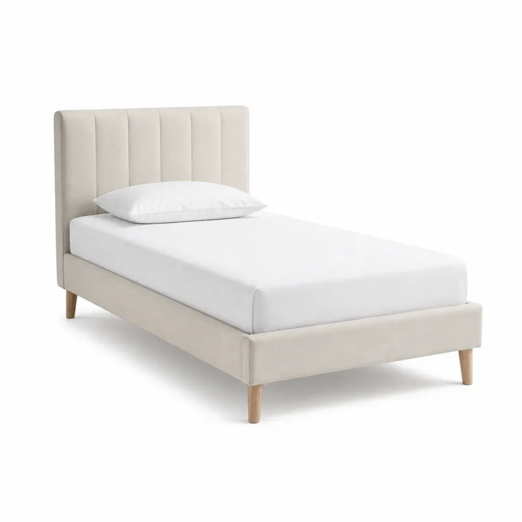 Letto singolo imbottito 90 x 200 cm in poliestere beige con testiera rettangolare a pannelli e gambe in legno massello