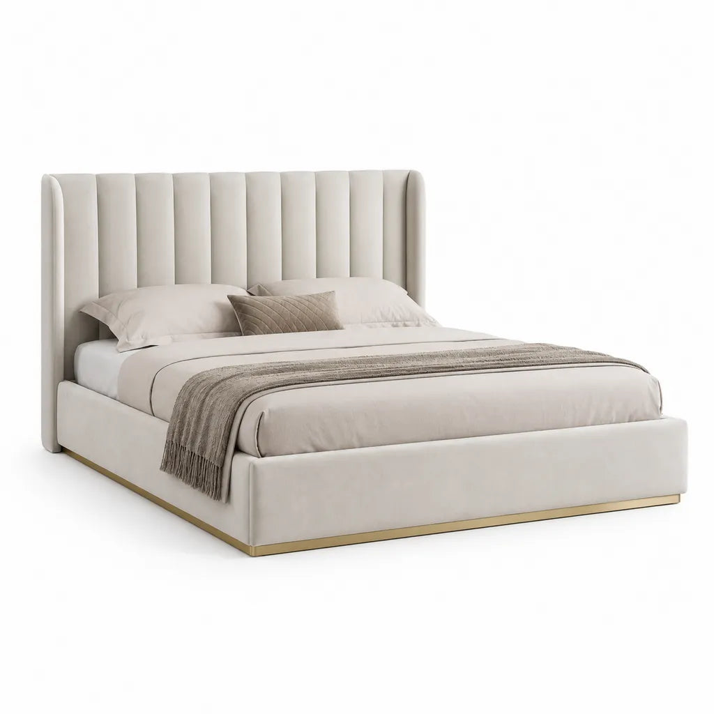 Letto matrimoniale imbottito 160 x 200 cm in poliestere beige con testiera alta scanalata