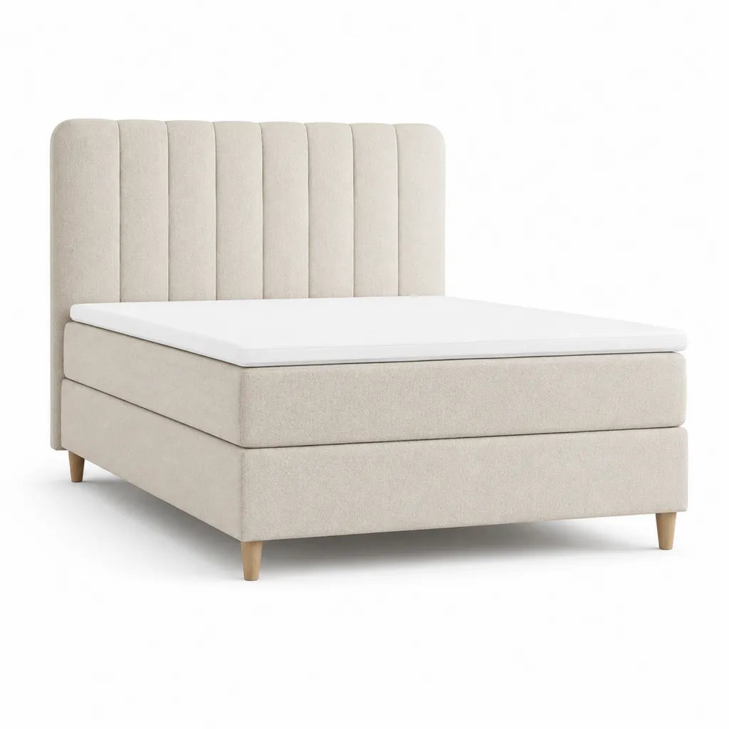 Letto matrimoniale imbottito 160 x 200 cm in poliestere beige con testiera rettangolare alta e piedini in faggio