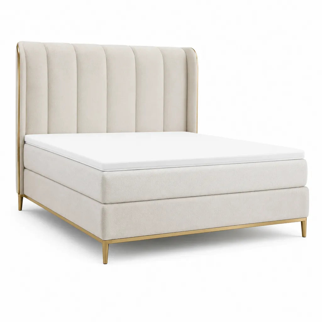 Letto matrimoniale imbottito 160 x 200 cm in poliestere beige con testiera rettangolare alta e dettagli oro