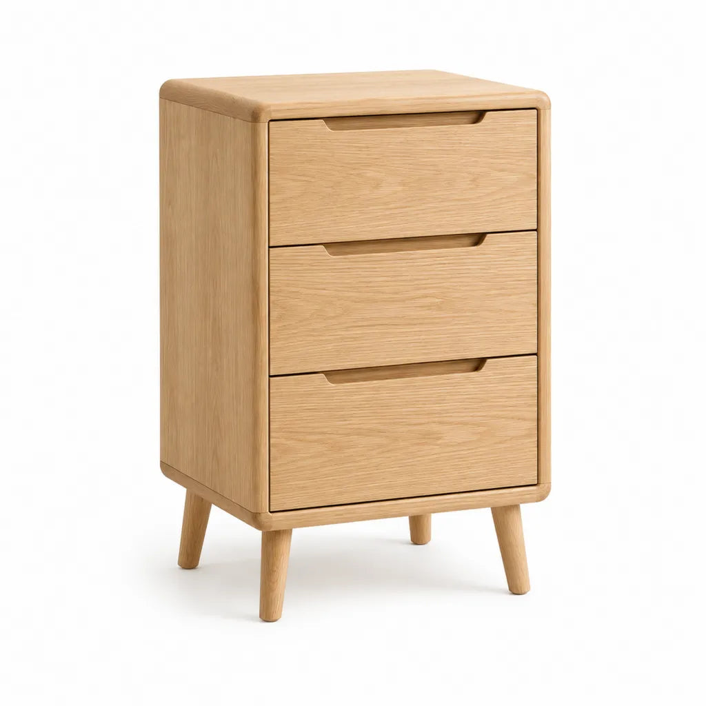 Comodino 3 cassetti in rovere massello rettangolare naturale 40 x 35 x 65 cm
