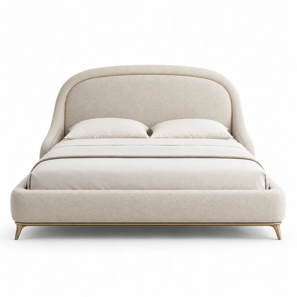 Letto matrimoniale imbottito 160 x 200 cm in poliestere boucle beige con testiera arrotondata e gambe dorate