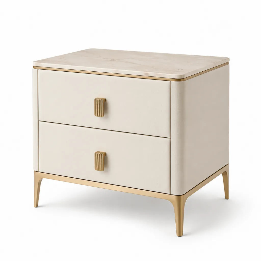 Comodino 2 cassetti rettangolare 60 x 45 x 60 cm in MDF avorio e oro