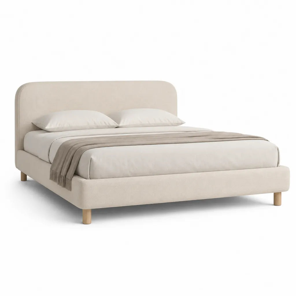 Letto matrimoniale imbottito 160 x 200 cm in poliestere beige con testiera arrotondata