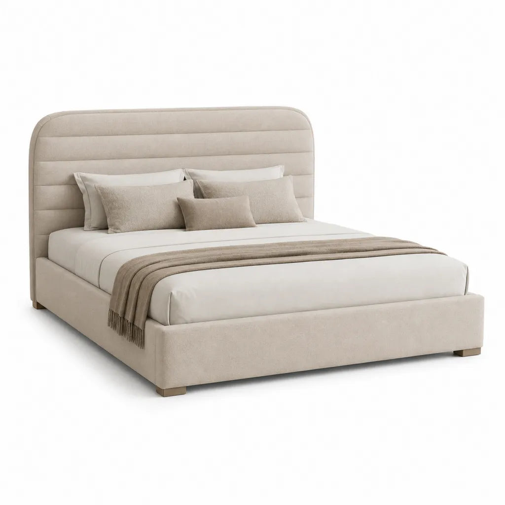 Letto matrimoniale imbottito 160 x 200 cm con testiera arrotondata in poliestere beige