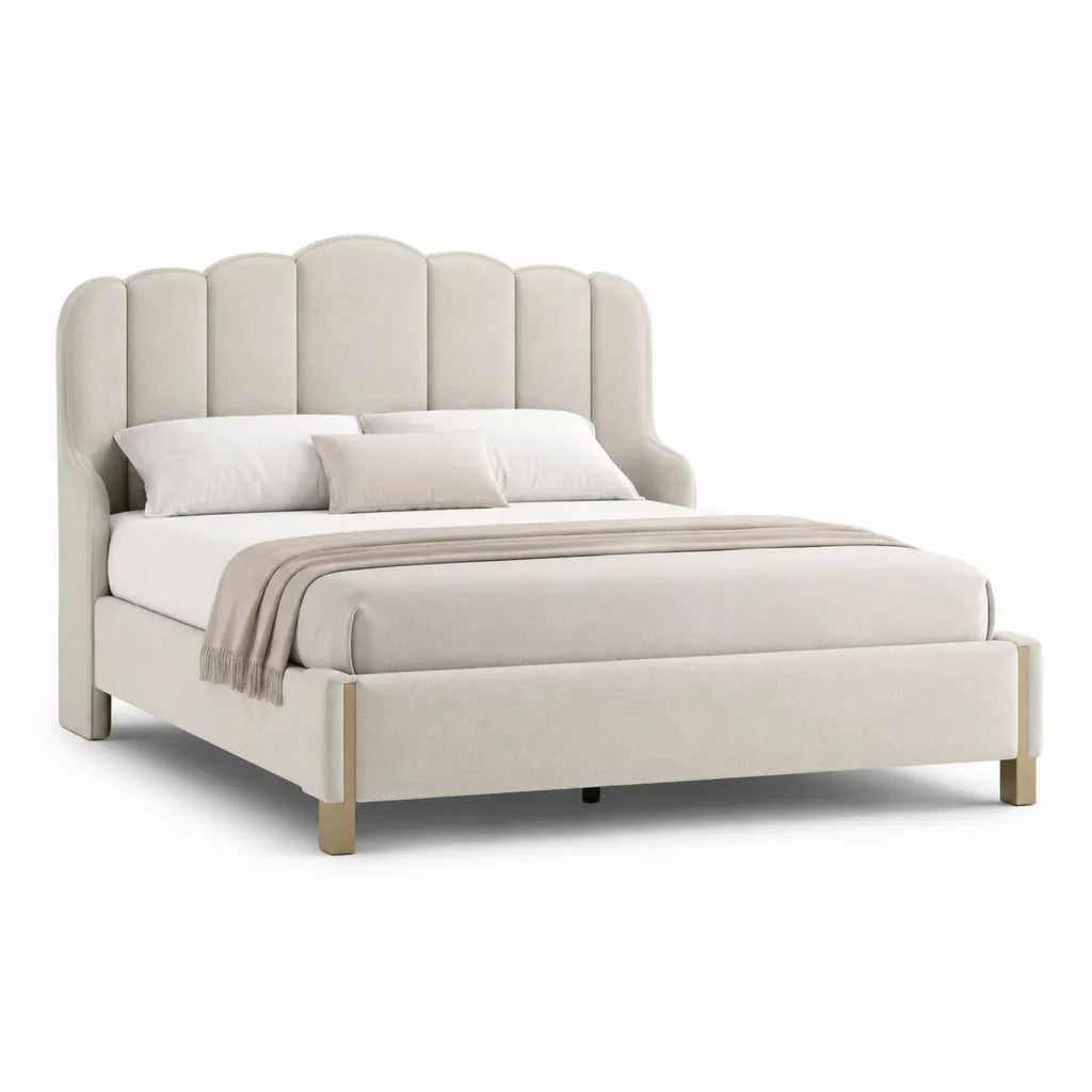 Letto matrimoniale imbottito 160 x 200 cm in poliestere beige con testiera curva a pannelli