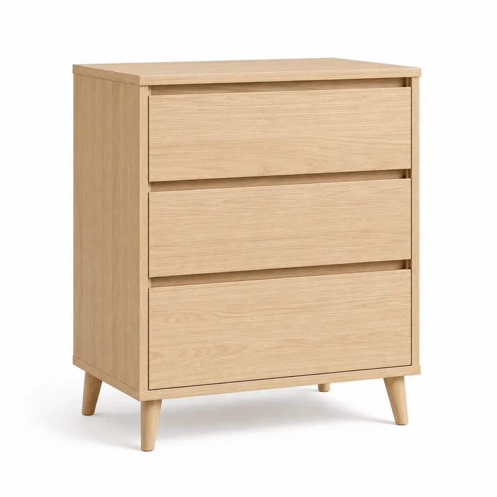 Comodino 3 cassetti in MDF impiallacciato rovere rettangolare rovere naturale 60 x 40 x 80 cm