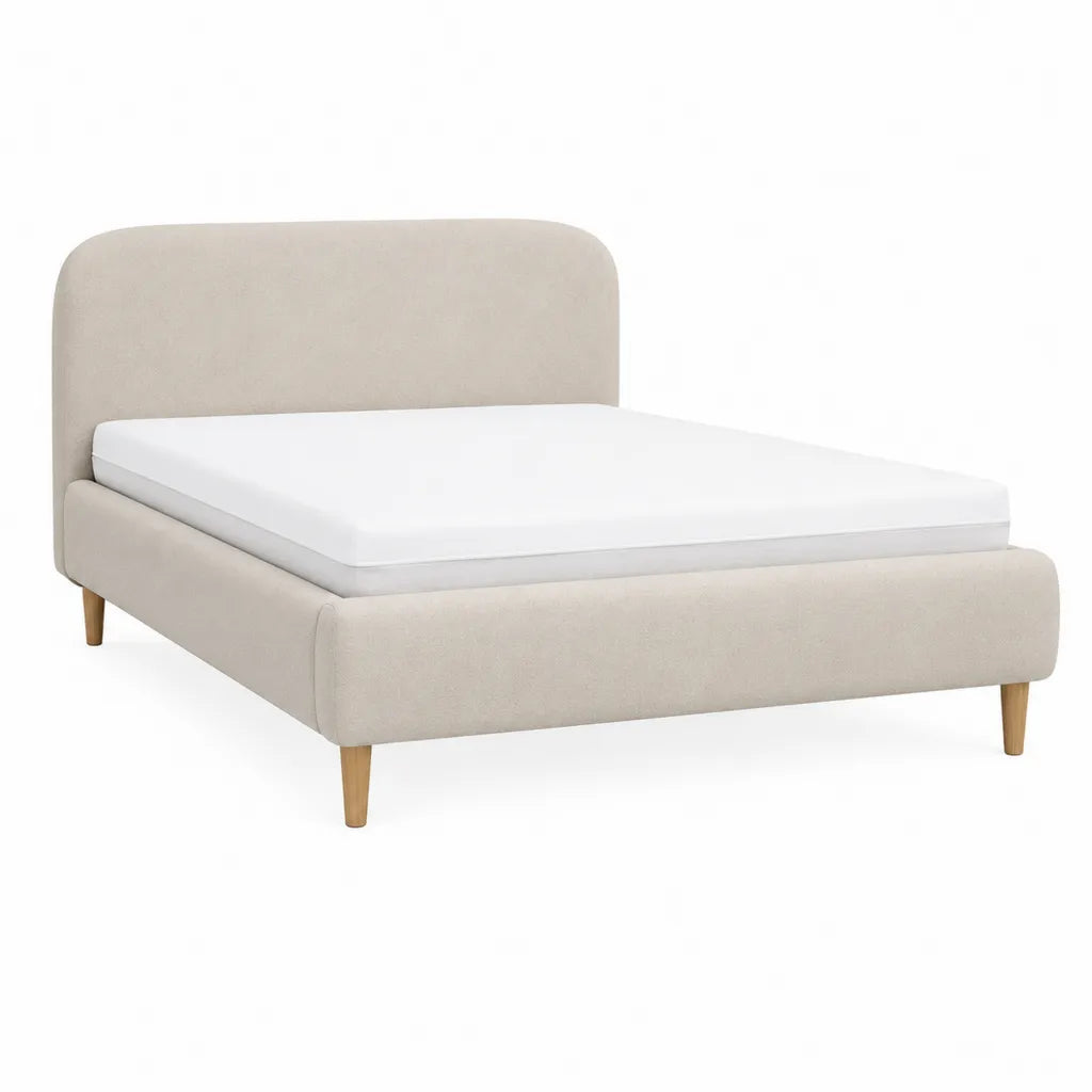 Letto matrimoniale imbottito 160 x 200 cm in poliestere beige con testiera arrotondata e gambe in legno massello