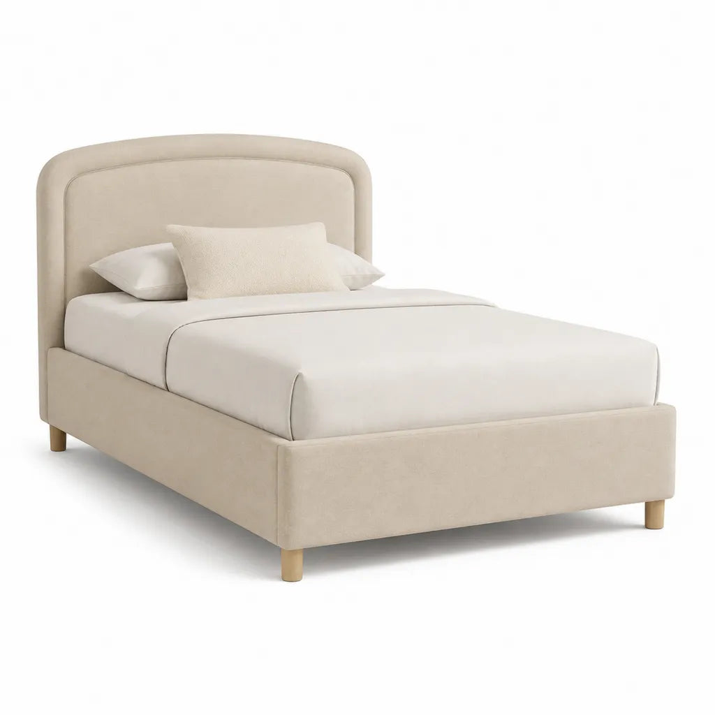Letto singolo imbottito con testiera arrotondata in velluto beige 90 x 190 cm