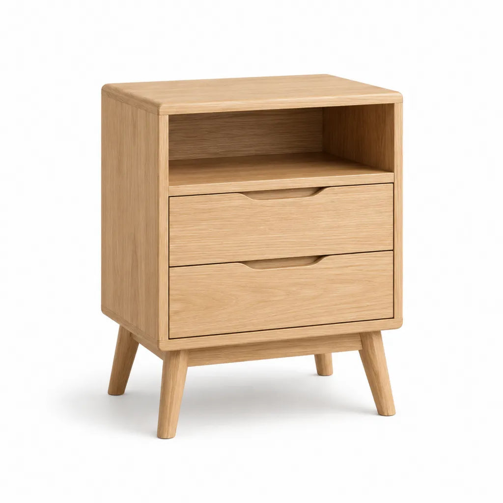 Comodino con 2 cassetti e vano aperto in rovere massello naturale 50 x 40 x 65 cm