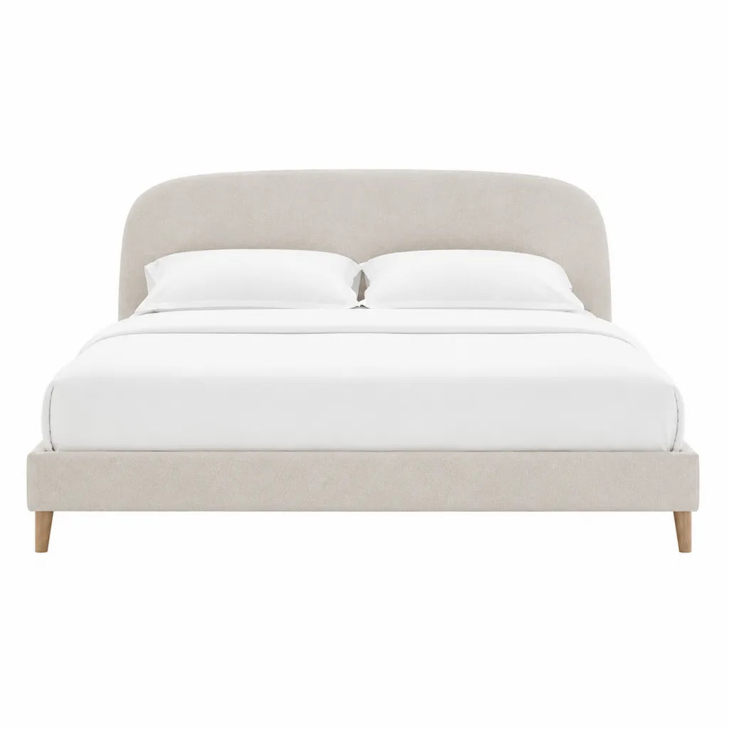 Letto matrimoniale imbottito 160 x 200 cm in poliestere beige con testiera arrotondata e gambe in legno massello