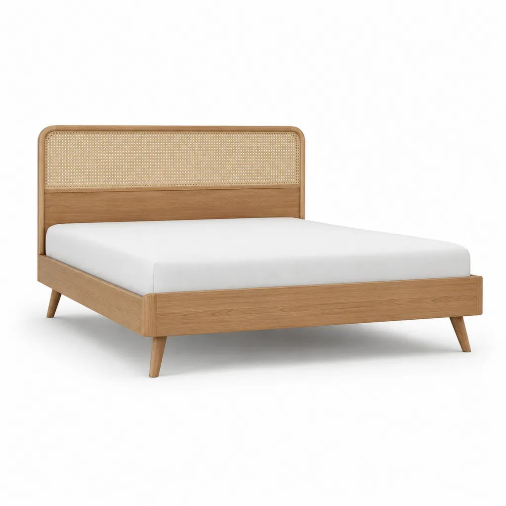 Letto matrimoniale 160 x 200 cm in rovere massello e rattan naturale beige