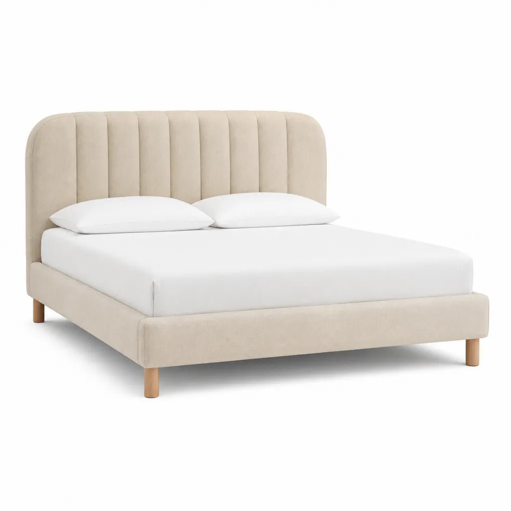 Letto matrimoniale imbottito 160 x 200 cm in poliestere beige con testiera arrotondata