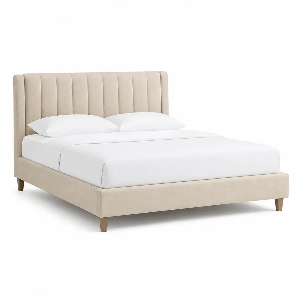 Letto matrimoniale con struttura imbottita 160 x 200 cm in poliestere beige con testiera rettangolare a pannelli verticali