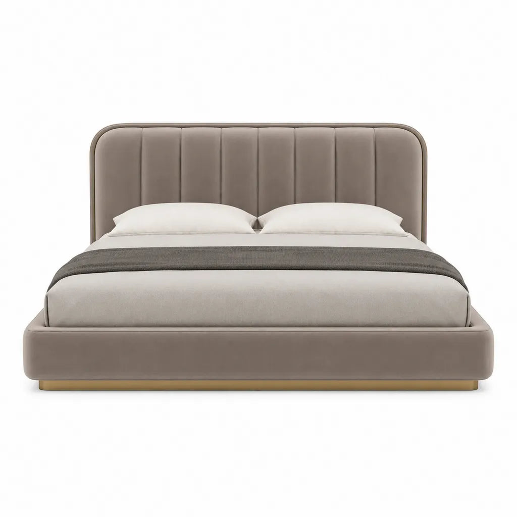 Letto matrimoniale imbottito 180 x 200 cm in microfibra di poliestere tortora con testiera arrotondata e base dorata